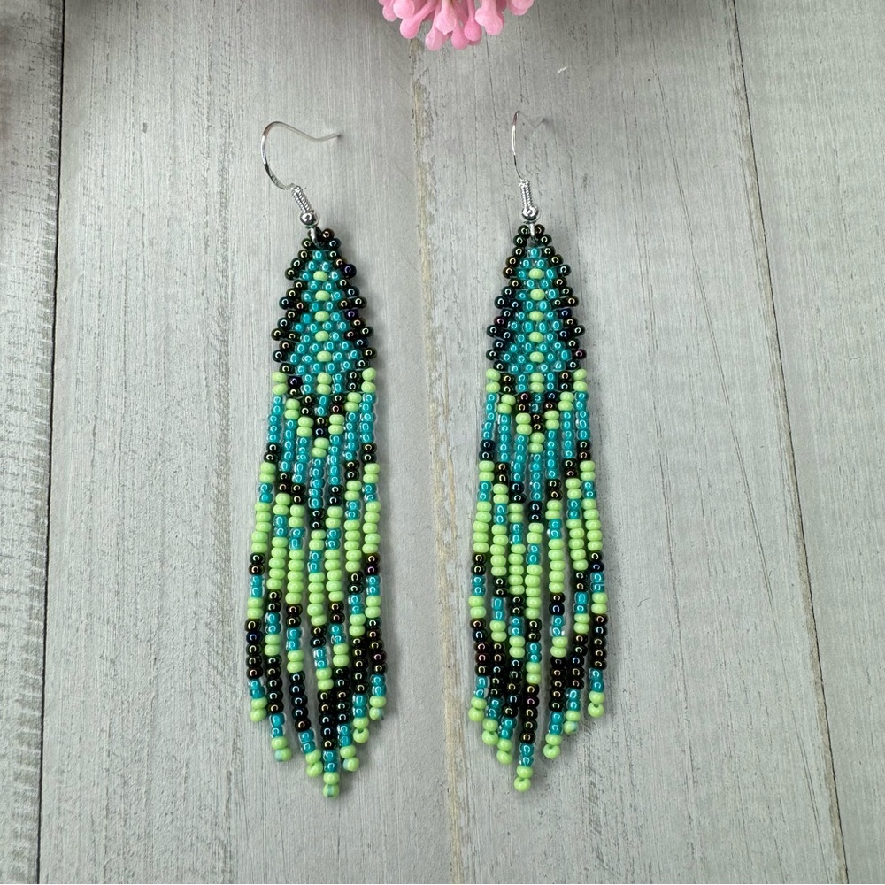 Handmade Seed Bead Beaded Earrings Turquoise Native American Style 3.5” Long